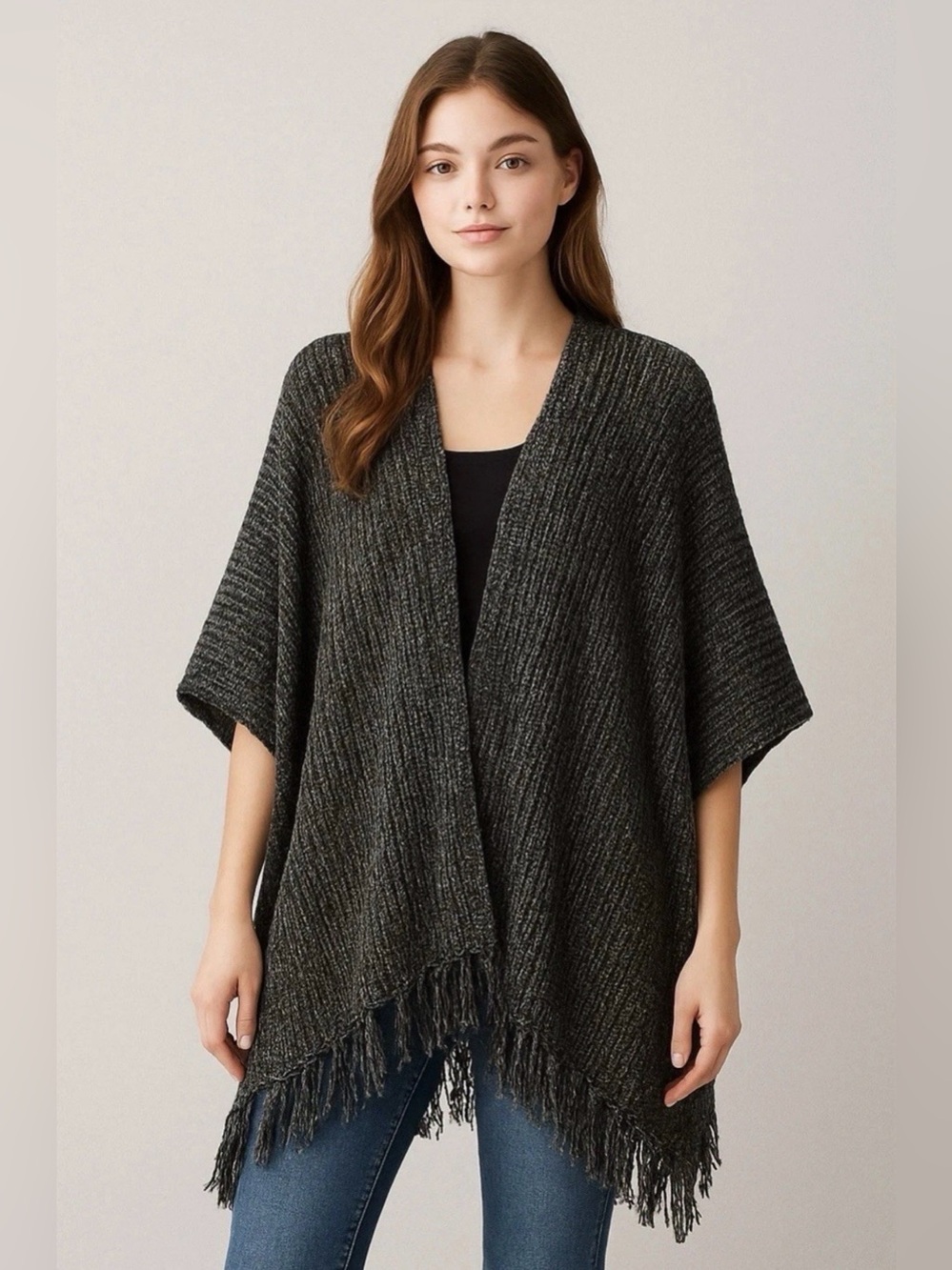 American Eagle Outfitters Sweater Wrap Womens OS Gray Fringe Kimono Open Poncho